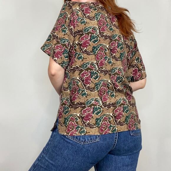 Vintage 80s Stunt Collections 100% Silk Neutral Brown Abstract Print Blouse Tee - Picture 8 of 13